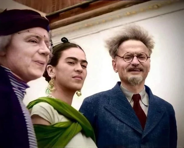 Leon Trotsky, His Wife, and Frida Kahlo: An intimate moment captured in Mexico, 1937, features revolutionary Leon Trotsky alongside his wife and the iconic artist Frida Kahlo.